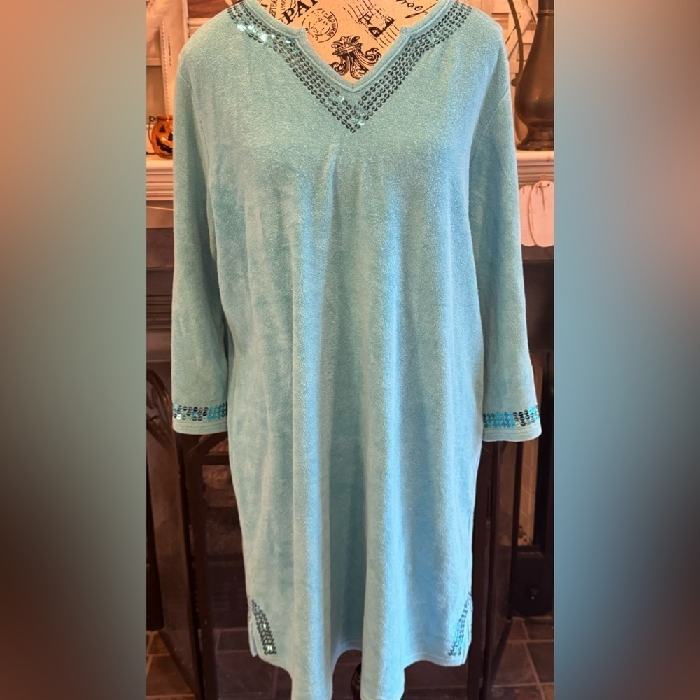 Quacker Factory Terry Dress Cover Up Sequin Trim Blue Aqua Women’s Large V-Neck